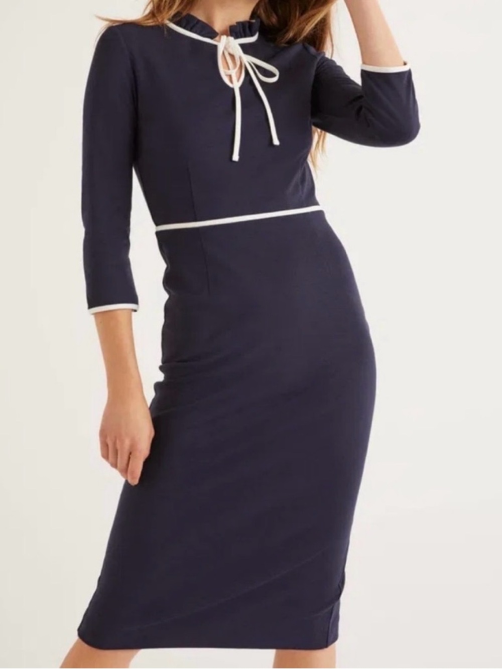 Boden Layla Tie Neck Ponte Sheath Midi Dress in a navy blue size 4R